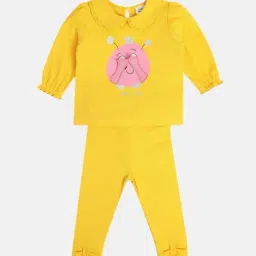 MINIKLUB Girls Yellow Cotton Printed Full Sleeves Top And Bottom-image-67