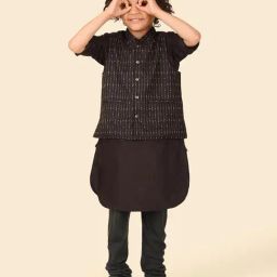 Fabindia Kids Black Woven Kurta Jacket Set-image-2