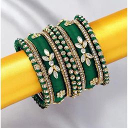 Peora Golden Green Kundan Bangles Set for Women-image-97