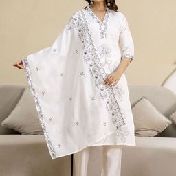 Trendmalls Floral Embroidered Sequinned Straight Kurta with Trousers & Dupatta-image-56