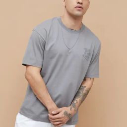 Forca By Lifestyle Grey Cotton Loose Fit Printed T-Shirt-image-21