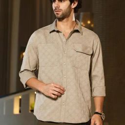 Campus Sutra Beige Poly Spandex Regular Fit Self Design Shirt-picture-17