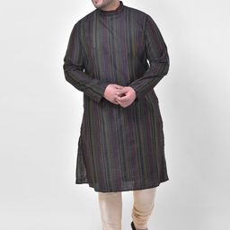 DEYANN PLUS Men Black Striped Jacquard Silk Kurta-41
