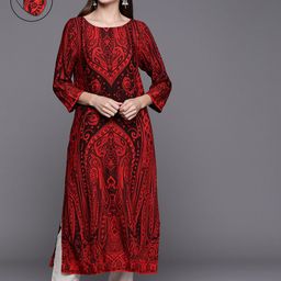 Biba Women Red Ethnic Motifs Printed Kurta with Mask-image-20