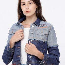 Tokyo Talkies Women Blue Colourblocked Cropped Denim Jacket-image-38