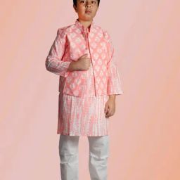 Tippy Top Kids Peach & White Floral Print Full Sleeves Kurta, Pyjamas with Jacket-image-34