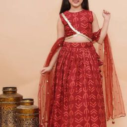 Piccolo Kids Maroon Printed Flared Lehenga, Blouse & Dupatta-image-26
