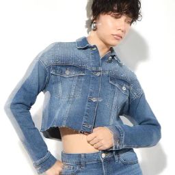 Only Blue Cotton Embellished Cropped Jacket-image-22