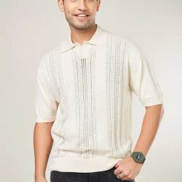 People By Pantaloons Off-White Cotton Regular Fit Textured Polo T-Shirt-picture-11