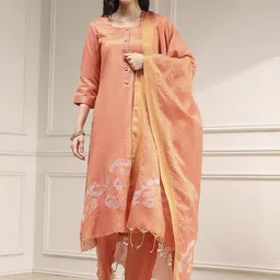 Biba Women Orange Floral Embellished Tissue Unstitched Kurta Pant & Dupatta Dress Material-picture-4
