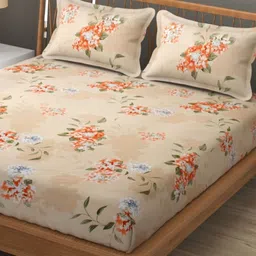 SEJ by Nisha Gupta Beige & Orange Floral Microfiber 300TC Queen Bedsheet Set 2.28m x 2.40m-image-65