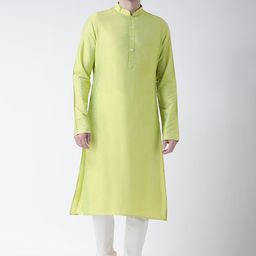 KISAH Men Lime Green & White Solid Kurta with Churidar-image-30
