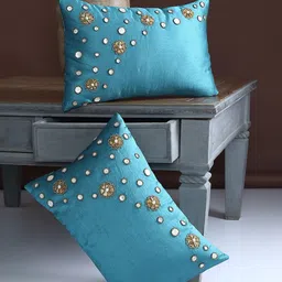 Alina decor Teal Set of 2 Self Design Rectangle Cushion Covers-image-97