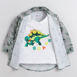 Polka Tots Full Sleeves Dinosaurs Printed Shirt With Attached Tee - Grey & Green-image-65