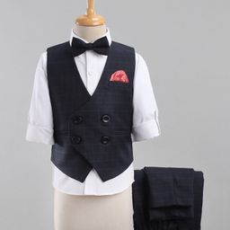 Robo Fry Full Sleeves Checks 3 Piece Party Suit With Bow - Black-image-26