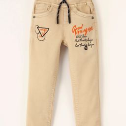 Olio Kids Cotton Lycra Woven Full Length Trouser Text Print - Beige-image-82