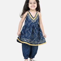 BownBee  Pure Cotton Sleeveless Bandhej Printed Kurti With Leheriya Harem Pants - Blue-image-121