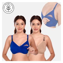 Elite Mom Pack Of 2 Solid Maternity Nursing Bras - Blue & Beige-image-34