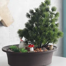 Foliyaj Artificial 3 Branch Bonsai Pine Tree in Brown Oval Pot with Bird-picture-2