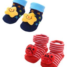 MumsLap Pack Of 2 Star & Bugs Applique Detailed Anti Skid Socks - Multi Colour-image-48