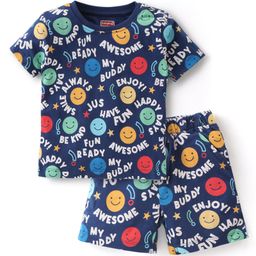 Babyhug Cotton Knit Single Jersey Half Sleeves Night Suit With Text & Smiley Print - Navy Blue-image-89