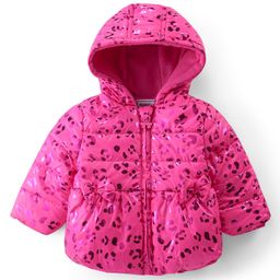 Babyhug Woven Full Sleeves Padded Hooded Jacket With Metallic Print & Bow Applique - Pink-image-28