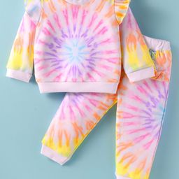 ToffyHouse Cotton Knit Full Sleeves Winter Wear Frill Detailing Tie Die Printed Top & Joggers Set - Yellow & Pink-picture-0