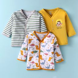 OHMS Single Jersey Knit Full Sleeves Striped & Dino Printed Set Of Vests Pack Of 3 - Yellow & Green-20
