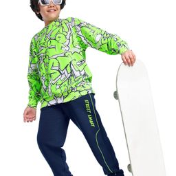 Ollington St. 100% Cotton Knit Full Sleeves Sweatshirt & Joggers Set With Street Art Print - Green & Navy-image-17
