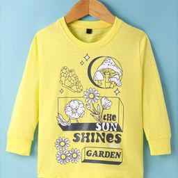 Olio Kids Cotton Knit Full Sleeves T-Shirt With Text & Floral Print - Lemon-image-96