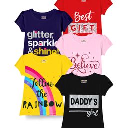 KUCHIPOO Pack Of 5 Cotton Half Sleeves Believe & Follow The Rainbow Text Printed Tees - Multi Colour-picture-25