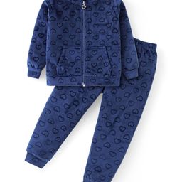 Babyhug Velour Woven Full Sleeves Front Zipper Winter Wear Co-Ord Set With Kangaroo Pockets & Hearts Print - Navy-image-86