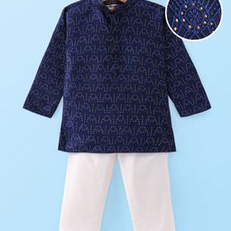 Ridokidz Full Sleeves Abstract Embroidered Kurta Pyjama - Navy Blue-image-50