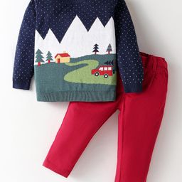 ToffyHouse Knit Full Sleeves Winter Wear Printed T-Shirt & Lounge Pant Set - Navy Blue-image-34
