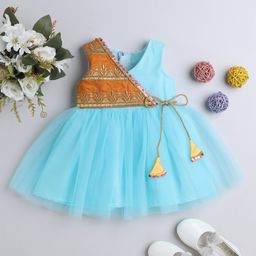 Many frocks & Sleeveless Foil Embroidered & Lace Embellished Net Dress - Blue-image-58