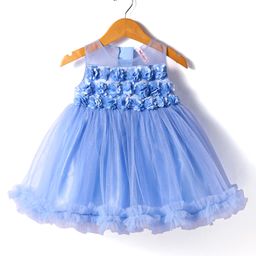 Babyhug Woven Sleeveless ShimmeredFit & Flared Party Dress with Floral Appliques on Yoke & Frill Detailing- Light Blue-image-61
