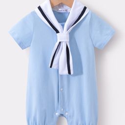 Mark & Mia Half Sleeves Sailor Collared Solid Colour Romper - Light Blue-image-37