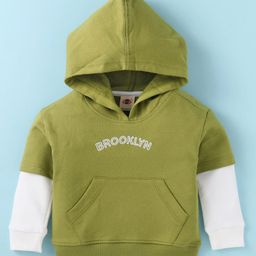 Zero Cotton Knit Full Doctor Sleeves Hooded Sweatshirt with Text Embroidery & Kangaroo Pockets - Green-image-81