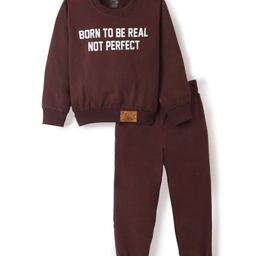 Funkrafts Premium Cotton Loop Knit Full Sleeves Typographic Printed Sweatshirt & Joggers Set - Maroon-image-6