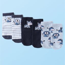 Cute Walk by Babyhug Knit Ankle Length Antibacterial Anti Skid Socks with Stripes & Animal Design Pack of 3 - Navy & Light Blue-image-22
