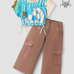 Ollington St. 100% Cotton Half Sleeves Top with Football Print & Woven Twill Cargo Trackpant Set - Light Blue & Brown-26