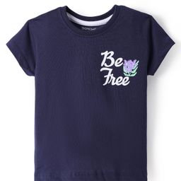 Doreme Sinker Knit Half Sleeves T-Shirt With Floral Print - Navy Blue-image-58