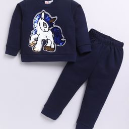 M'andy Fleece Full Sleeves Sequin Embellished Unicorn Patch Coordinating Track Suit Set - Navy Blue-image-21