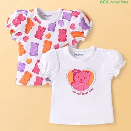 Babyoye 100% Cottton Knit Half Puffed Sleeves Eco Jiva Finish Tops with Bear Print Pack of 2 - White-picture-1