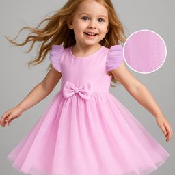 Babyhug Woven Frill Sleeves Solid Mesh Party Dress With Bow Applique - Pink-image-52