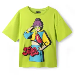 Pine Kids Cotton Knit Half Drop Shoulder Sleeves Oversized Printed T-Shirt - Light Green-picture-1