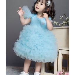 Foreverkidz Satin One Shoulder Frill Sleeves Floral Applique Detailed Ruffled Dress - Blue-image-1