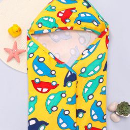 Babyhug Interlock Knit Hooded Towel with Car Print L 76.2 x B 76.2 cm - Yellow-picture-10