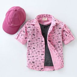 Rikidoos Full Sleeves Sports Theme Printed Shirt With Attached Tee & Cap - Pink & Black-picture-12