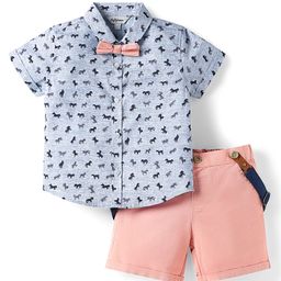 ToffyHouse Poplin Woven Half Sleeves Horse Printed Shirt & Shorts Set with Bow & Suspender - Light Blue & Peach-image-94